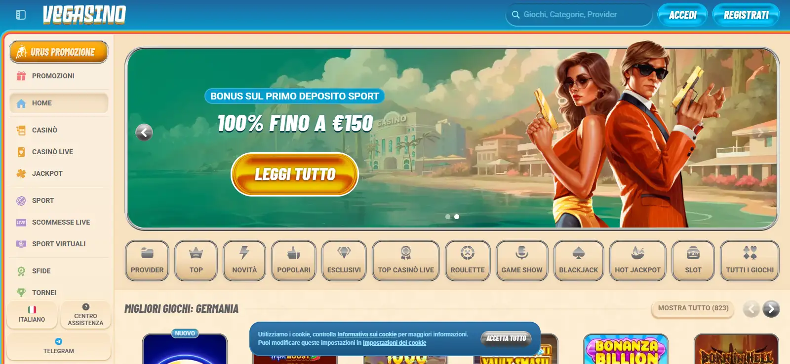 Schermata reale dell'interfaccia italiana di Vegasino con la navigazione principale visibile